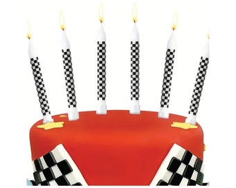 6 Racing Party Candles - Checkered Flag, Racecar Party Candles, Race Car Toppers, Race Car Party Supplies, Party Favor Decorations