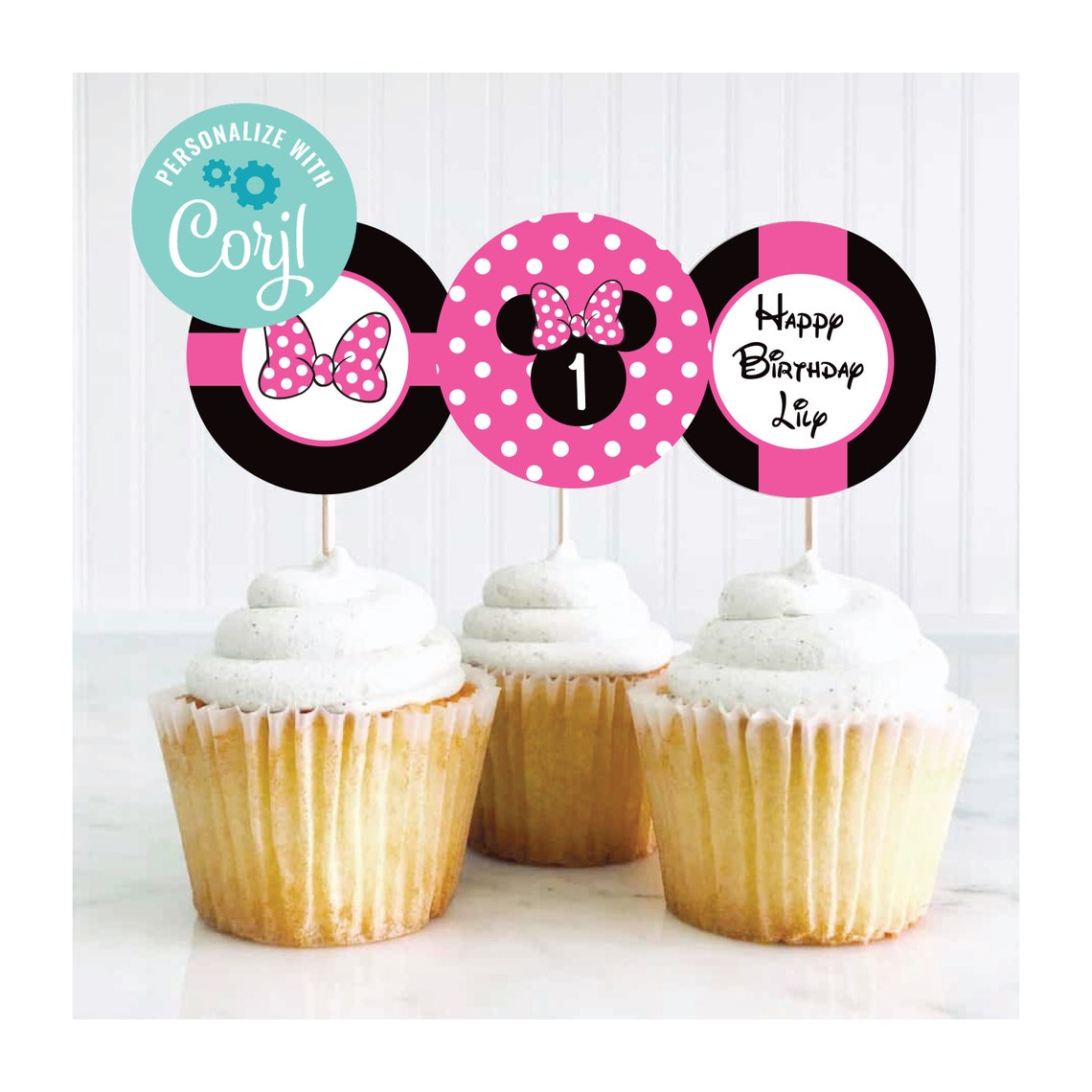 EDITABLE Pink Minnie Cupcake Toppers Minnie Party Minnie Etsy