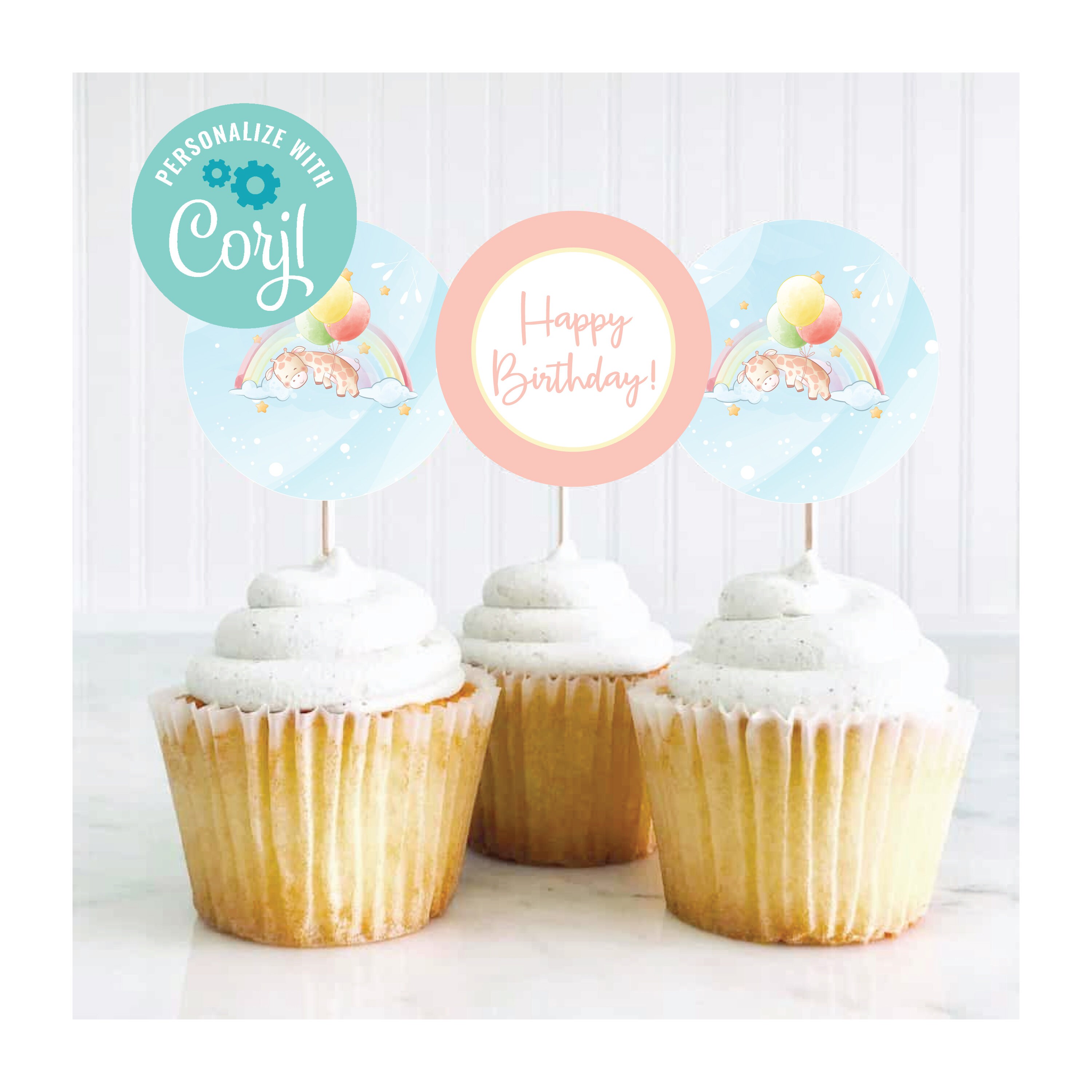 EDITABLE Pink Baby Giraffe Cupcake Toppers Giraffe Birthday Printables ...