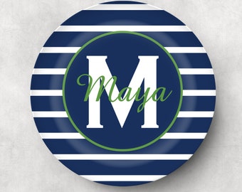 Blue Striped Green Monogram Personalized- Personalized Plates For Kids, Personalized Plate, Personalized Gifts, Personalized Melamine Plate