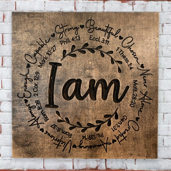 I Am Bible Verse Wood Sign | Christian Scripture Wall Art | Bible Verse Home Decor Wood Sign