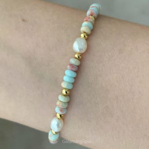 Aqua Terra Jasper Pearl Bracelet, Blue Imperial Jasper and Freshwater Pearl Bracelet, Unique Stone Bracelet gift for her