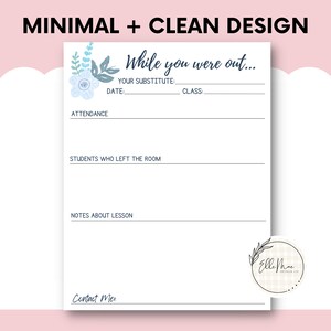 Floral Substitute Teacher Notes • Teacher Organization • Printable ...