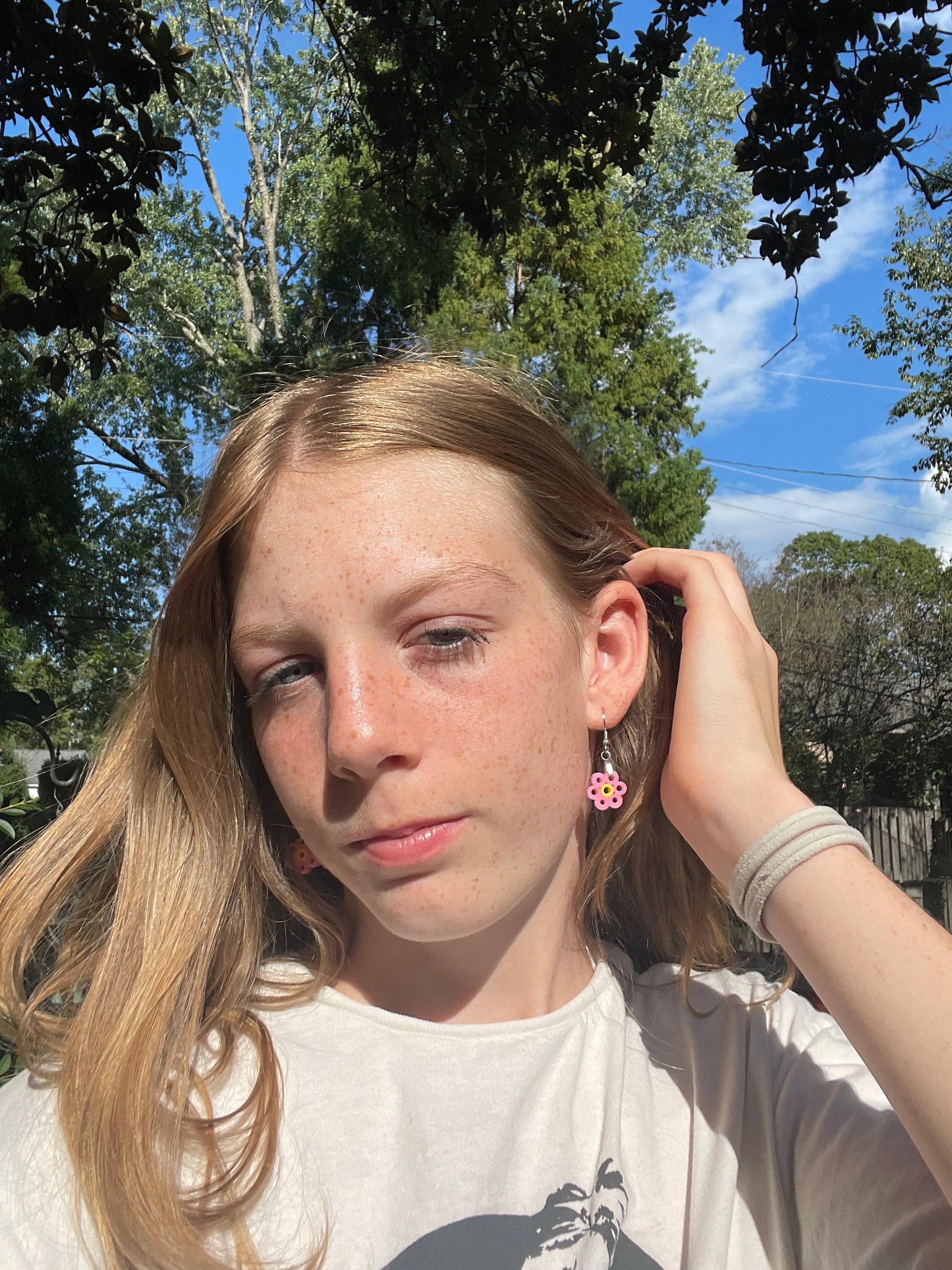 Cute Pink Perler Bead Dangly Flower Earringsmelted Plastic Etsy