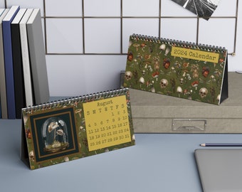 2024 Monthly Desk Calendar Green Dark Academia with Mushrooms, Skulls, Flowers, Snails, Hearts, Daisies, Each Month is Different Great Gift