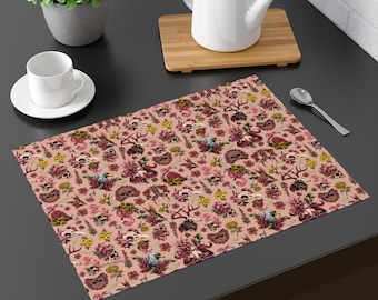 Pink Skulls, Animals & Flowers Single Placemat 18"x14", Black, Pink, Red, Green, Brown Moody and Eclectic Aesthetic Nature Print