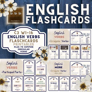 Può includere: Un set di flashcard di verbi inglesi con pagine stampabili contenenti verbi irregolari, parti principali ed esempi di coniugazione. Le carte includono testo come English Flashcards, C3 W1-16 e Grace Studio Co, decorate con grafiche di fiori bianchi.