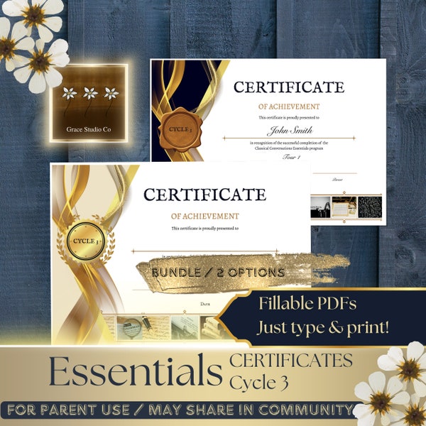 Essentials Certificates - Cycle 3 BUNDLE (2 options light/dark) FILLABLE PDFs (fill in student name, tour and signature description/names)