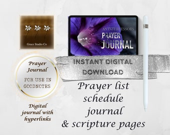 May include: A digital prayer journal with a purple flower background. The journal is for use in Goodnotes and includes a prayer list, schedule, and scripture pages. The text "An Intercessors Prayer Journal" is displayed on the screen.