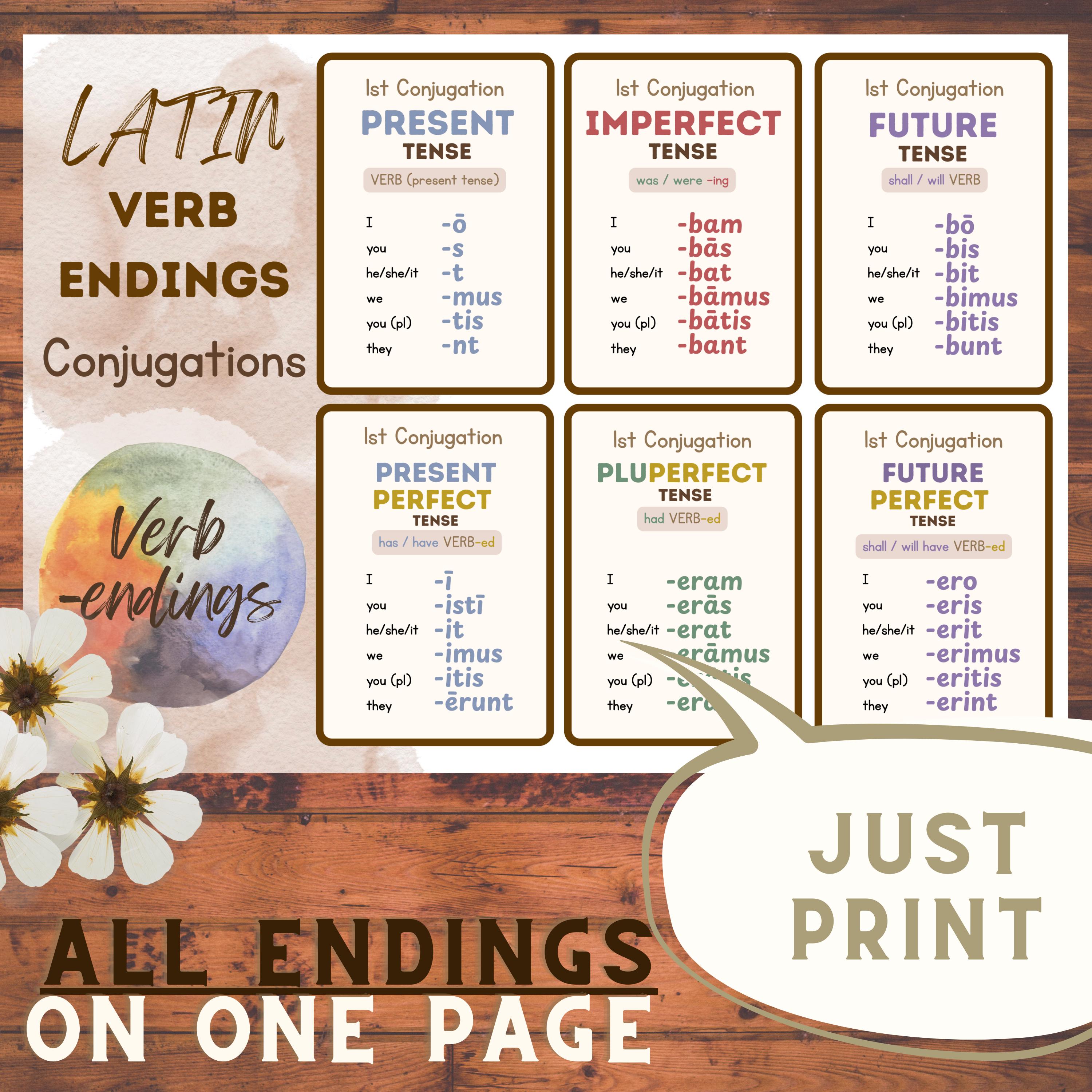 Latin Verb Endings 1st Conjugation FLASHCARDS (printable) (CC Cycle 2 ...