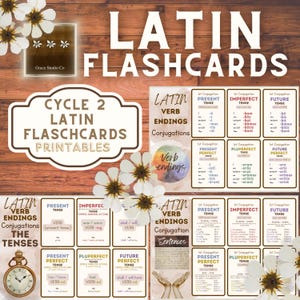 May include: A set of printable Latin verb conjugation flashcards for Cycle 2. The flashcards feature colorful watercolor backgrounds and include verb endings for present, imperfect, future, perfect, pluperfect, and future perfect tenses.