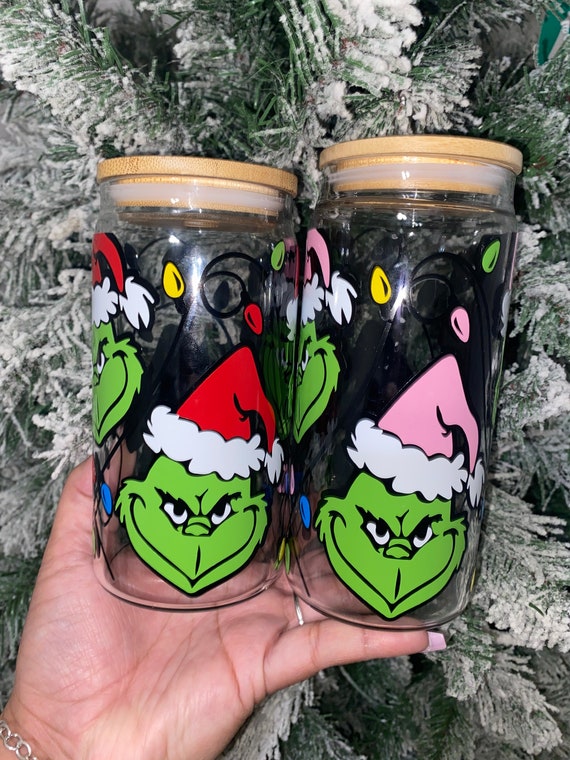 16oz Grinch Christmas Lights Glass Can Cup with Lid and Straw