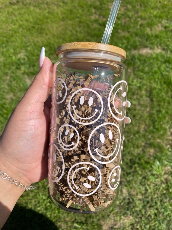 16 Oz Smiley Face Glass Cup With Bamboo Lid and Straw, Aesthetic Coffee Cup,  Favorite Coffee Cup, Coffee Glass Cup 