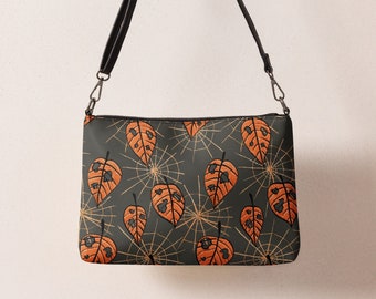 Goth Crossbody Bag - Dark Academia Bag - Shoulder Purse in Faux Leather - Weird Witchy Bag with Torn Autumn Leaves Design and Spiderwebs
