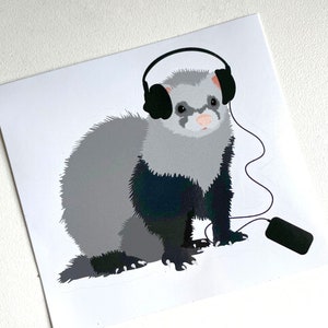 Sticker with a cute ferret art. The animal is wearing headphones and listening to music