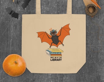 Halloween Bag with Bat Art for Book Lover - Bookish Library Tote Bag - Cute and Funny Teacher Gift - Eco Canvas Bag for Book Lover