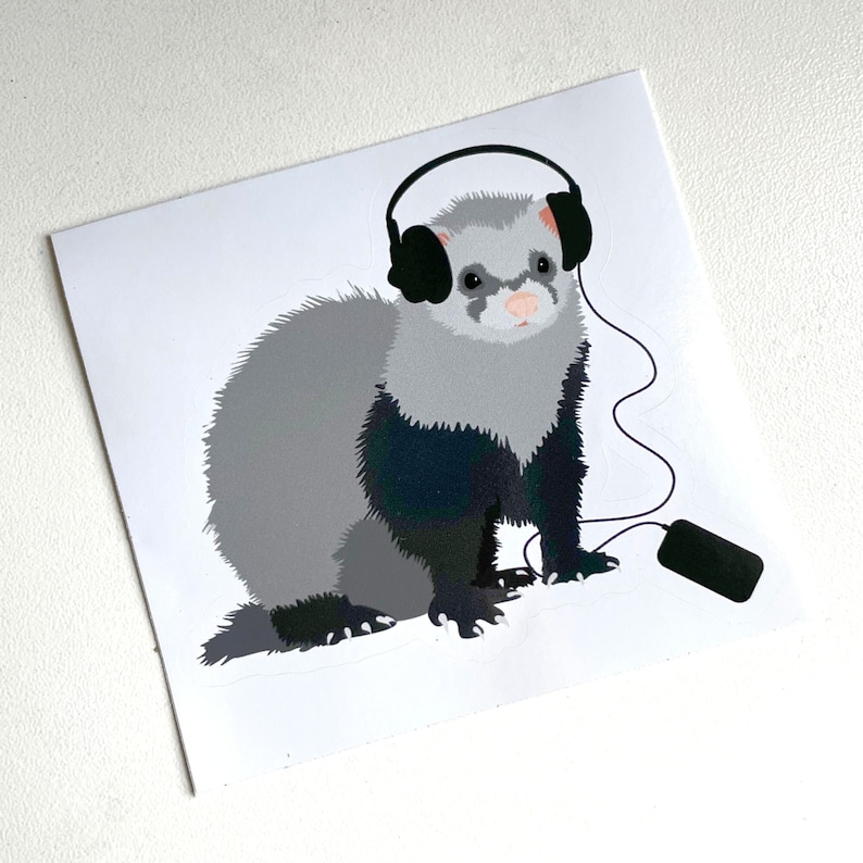 Sticker with a cute ferret art. The animal is wearing headphones and listening to music