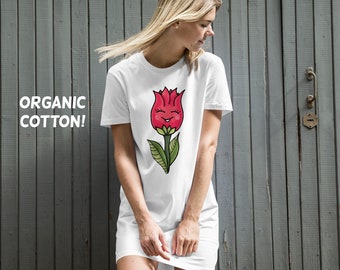 Organic cotton tshirt dress, Cute flower shirt for plant lover, Nature lover gift for friend, Kawaii flower fun sister birthday gift