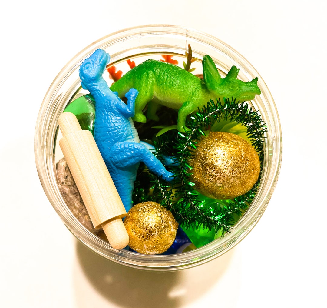 Dino Play Dough Sensory Jar, Dough to Go, Birthday Party Favor, Road