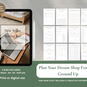 May include: A digital planner titled New Seller Starter Kit My Etsy Shop Planner displayed on a tablet screen, accompanied by twelve printable page templates including shop branding, order forms, and trackers, with text indicating 43 pages included.