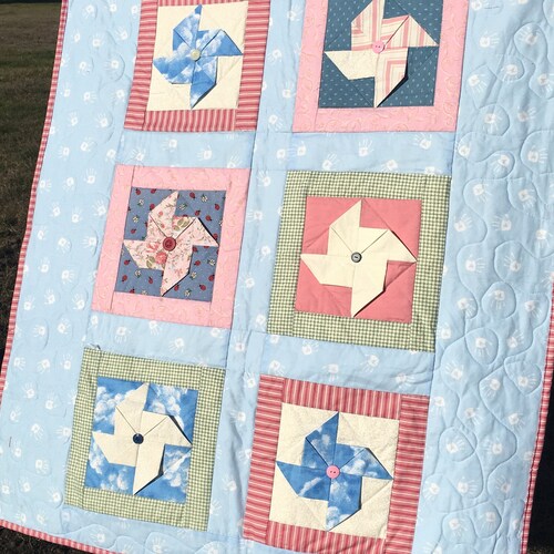 Handmade Pink and Blue Pinwheel Baby Quilt shops