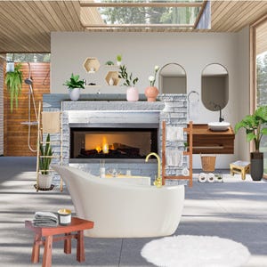 May include: A modern bathroom interior with a white freestanding bathtub, a fireplace, and a wooden vanity with a sink. The room features large windows, plants, and a wooden ceiling, creating a spa-like atmosphere. The overall design is minimalist and bright.