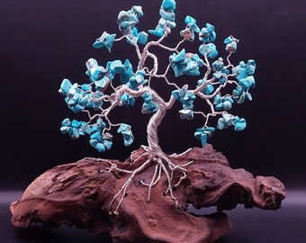 Crafts and Handmade Bonsai Tree with Blue Turquoise Crystal and Silver Copper Wire on Wood  0,5mm Tree of Life - Gift for Him Gift for Her