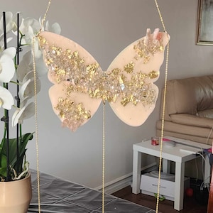 Crystal Quartz Butterfly Suncatcher: Rose Quartz, Gold Flakes, Hanging Art
