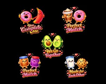 Pacchetto di 5 simpatiche coppie di cibo in formato SVG / Divertenti disegni di coppie di cibo / Ciambella e banana PNG / Ciambella al caffè svg / Burro di arachidi svg / Avocado svg / San Valentino