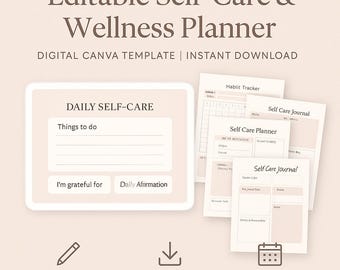 Editable Self-Care Digital Planner | Canva Wellness Journal (Digital Download) |Self motivation planner| Fitness Planner| Health and Fitness