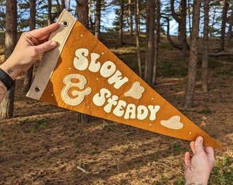 SLOW & STEADY pennant flag, screen printed, felt pennant, boho decor, gallery wall print, vintage banner