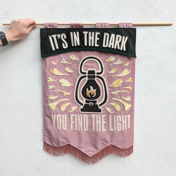 it's in the dark you find the light, vintage velvet banner, wall hanging, modern signage, applique, hanging banner, custom banner