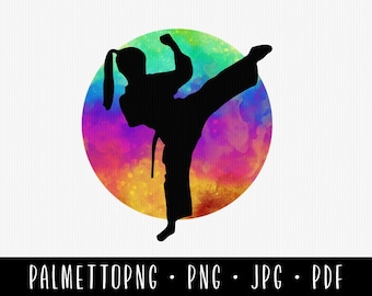 May include: Silhouette of a person in a karate pose against a colorful watercolor background. The background is a circle with shades of pink, purple, blue, green, yellow, and orange.