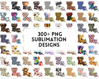 May include: A collection of 300+ sublimation designs featuring the state of Louisiana in various patterns and colors. The designs are perfect for creating custom apparel, home decor, and other crafts.