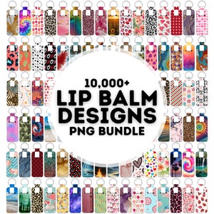 May include: A collection of 10,000+ lip balm designs in PNG format. The designs feature a variety of patterns, colors, and themes, including tie-dye, animal print, and floral.