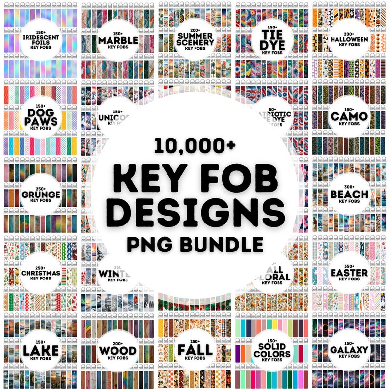 May include: A collage of 10,000+ key fob designs in a PNG bundle. The designs include various themes such as iridescent foils, marble, summer scenery, tie dye, Halloween, dog paws, unicorn, patriotic dye, camo, grunge, beach, Christmas, winter, floral, Easter, lake, wood, autumn, solid colours, and galaxy.