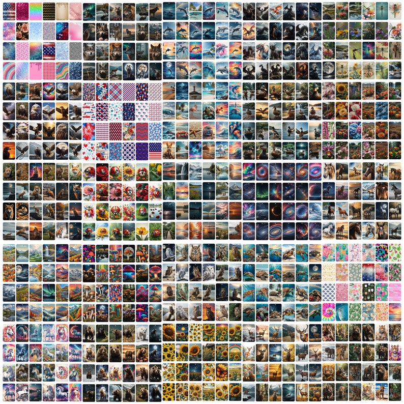 Puede incluir: Un collage de 100 im&aacute;genes diferentes, cada una con un dise&ntilde;o &uacute;nico. Las im&aacute;genes incluyen una variedad de temas, como animales, paisajes y patrones abstractos. Las im&aacute;genes est&aacute;n dispuestas en formato de cuadr&iacute;cula, con cada imagen aproximadamente del mismo tama&ntilde;o. Las im&aacute;genes est&aacute;n todas en un estilo brillante y colorido.