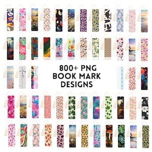 May include: A collection of 800+ digital bookmark designs featuring a variety of patterns, colors, and themes. The designs include floral, geometric, abstract, and nature-inspired patterns. The bookmarks are all in a vertical rectangular shape with a tassel.