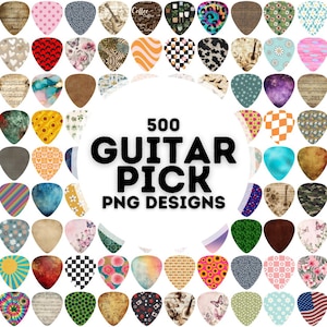 May include: A collection of 500 guitar pick designs in various colours and patterns. The designs include floral, geometric, abstract, and musical themes. The picks are arranged in a circle around the text "500 Guitar Pick PNG Designs".