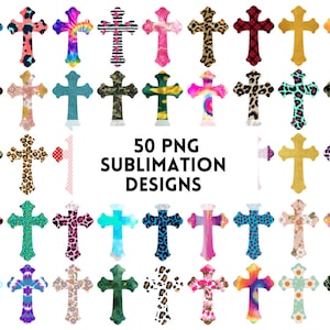Könnte beinhalten: Fünfzig digitale Designs von Kreuzen in verschiedenen Farben und Mustern, darunter Leopardenmuster, Batik, Tarnmuster und Karomuster. Der Text "50 PNG SUBLIMATION DESIGNS" befindet sich am unteren Rand des Bildes.