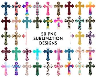 May include: Fifty digital designs of crosses in various colors and patterns, including leopard print, tie-dye, camouflage, and plaid. The text "50 PNG SUBLIMATION DESIGNS" is at the bottom of the image.
