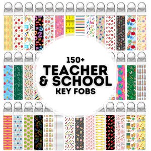May include: A selection of key fobs with school-related designs. The fobs display patterns with apples, pencils, rulers, and the text "150+ TEACHER & SCHOOL KEY FOBS". The key fobs have silver-coloured hardware.