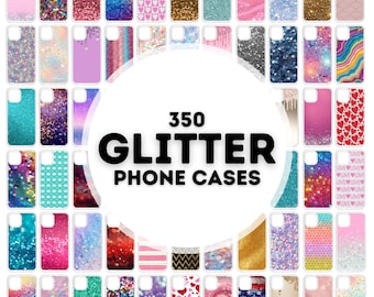 May include: A collage of 350 different phone cases with glitter designs. The cases feature a variety of colors, patterns, and textures, including hearts, stripes, swirls, and abstract designs. The text "350 GLITTER PHONE CASES" is displayed in the center of the image.
