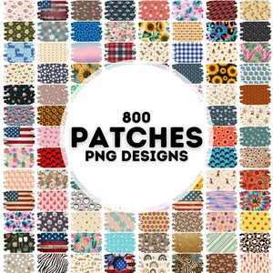 Könnte beinhalten: Eine Collage aus 800 verschiedenen digitalen Patch-Designs. Die Patches sind in einer Vielzahl von Farben, Mustern und Stilen gehalten. Der Text "800 Patches PNG Designs" befindet sich in der Mitte des Bildes.