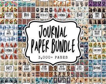 May include: A collection of digital journal papers with various themes, including floral, ocean waves, autumn, and vintage designs. The image features a central title "JOURNAL PAPER BUNDLE" with "3,000+ PAGES" and multiple smaller images.