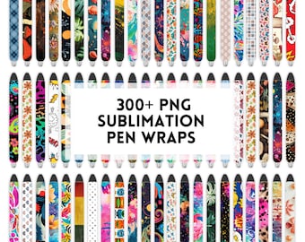 May include: A collection of pens with various colorful designs. The pen wraps feature patterns like plaid, floral, abstract art, and text. The image includes the text "300+ PNG Sublimation Pen Wraps".