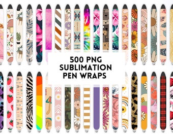 May include: 500 PNG Sublimation Pen Wraps. A collection of colorful and patterned pen wraps featuring various designs, including floral, geometric, animal print, and abstract patterns.