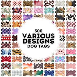Puede incluir: Una colección de 500 diseños de etiquetas para perros con varios patrones y colores. Los diseños incluyen estampados de animales, patrones florales, formas geométricas y mucho más. Las etiquetas tienen forma de hueso y son perfectas para personalizar el collar de tu mascota.