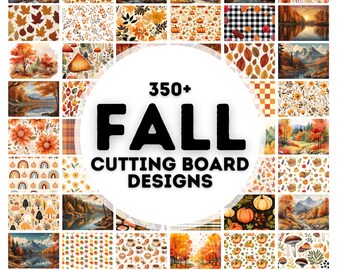 Puede incluir: Un collage de 36 diseños diferentes con temática otoñal para tablas de cortar. Los diseños presentan calabazas, hojas, champiñones y otras imágenes otoñales. El texto "350+ FALL CUTTING BOARD DESIGNS" se muestra en el centro de la imagen.