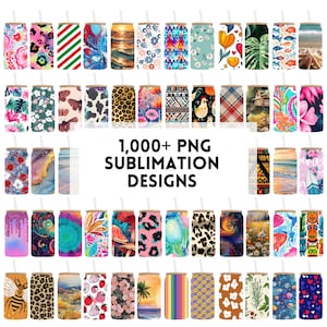 May include: A collection of 36 colourful sublimation designs for skinny tumblers, featuring various patterns, including floral, geometric, animal print, and abstract designs. The designs are perfect for creating unique and personalised tumblers.